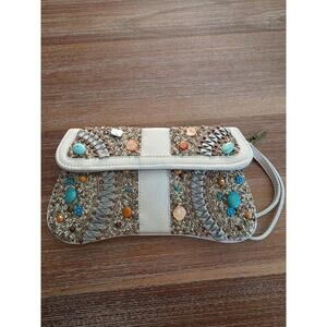 Mary Frances Clutch Womens Medium Ivory Turquoise Stones Boho Southwestern Chic